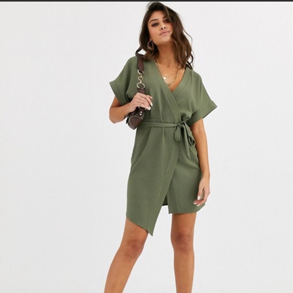 asos green wrap dress ASOS DESIGN flute sleeve collared wrap midi dress with gathers in dark green